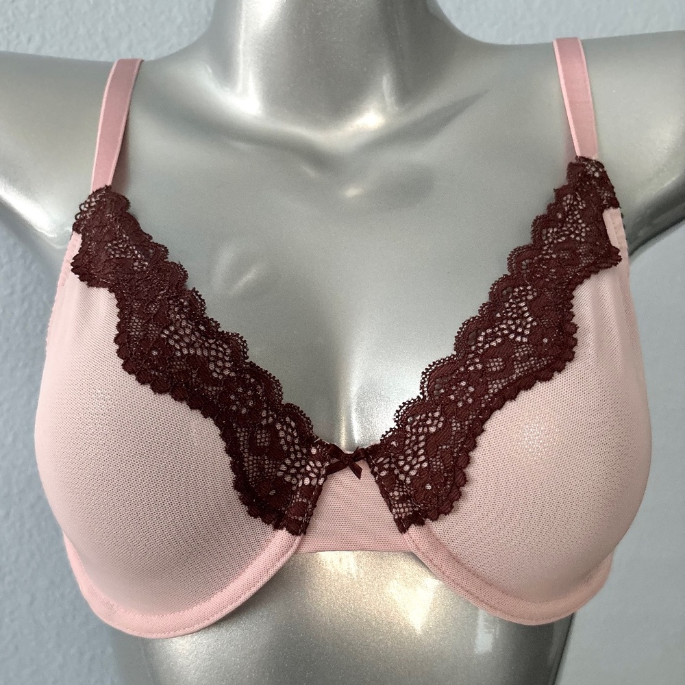 Victoria's Secret Bra Tease Pink Sheer Mesh & Brown Lace Unlined Underwire Demi